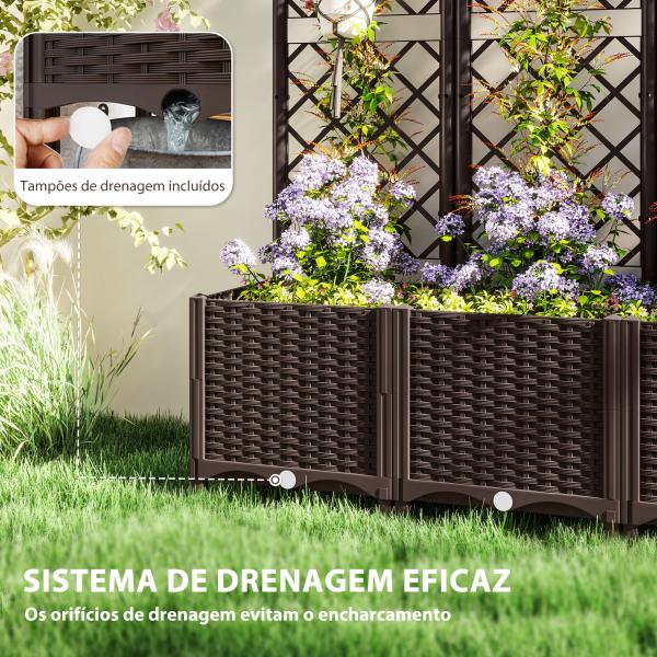 Floreira com Treliça de PP com Drenagem e Amplo Espaço para Plantas Trepadoras Vaso com Suporte para Jardim 120x40x135 cm Marrom