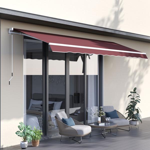Toldo Manual Retrátil 3,5x2,5 m com Ângulo Ajustável Manivela, Estrutura de Alumínio e Proteção UPF30+ Vinho Tinto