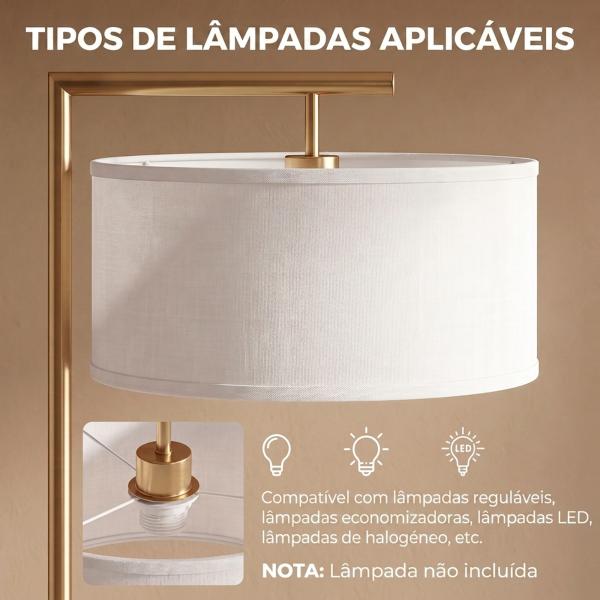 Candeeiro de Pé com Abajur em Tecido, Casquilho E27 (Lâmpada não incluída), Dourado e Branco