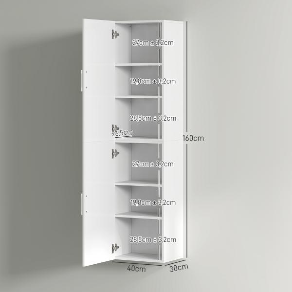 Coluna Casa de Banho de Parede Armário Alto Casa de Banho com Prateleiras Ajustáveis e 2 Portas 40x30x160 cm Branco