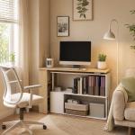 Mesa de Computador Secretária Mesa de Canto Giratória 360° com 5 Prateleiras 120x110x74,5 cm Madeira e Branco