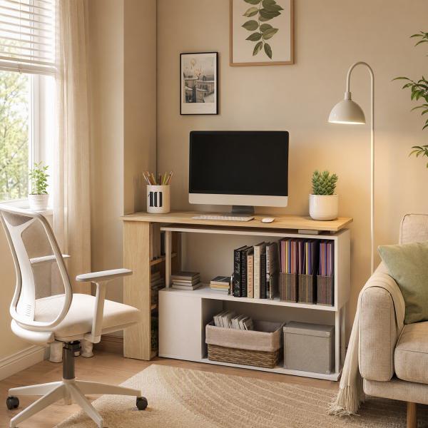 Mesa de Computador Secretária Mesa de Canto Giratória 360° com 5 Prateleiras 120x110x74,5 cm Madeira e Branco