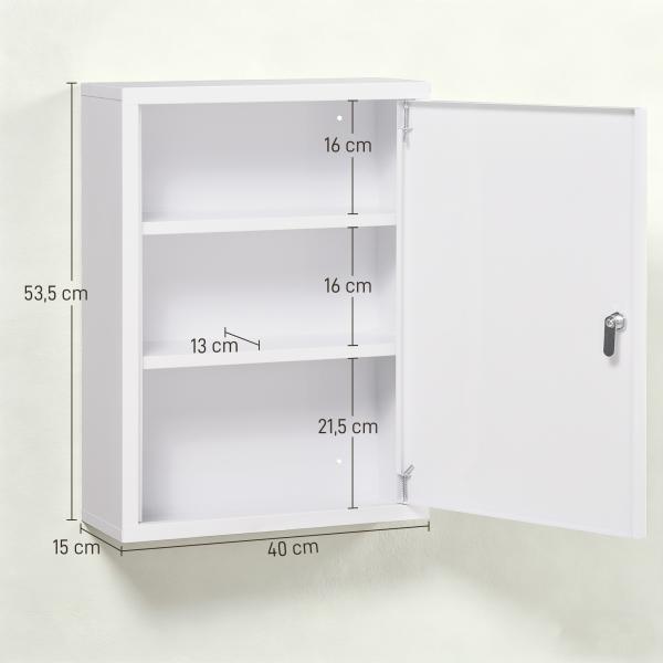 Armário de Parede para Medicamentos de Aço com 3 Prateleiras e 2 Chaves para Casa de Banho 40x15x53,5 cm Branco