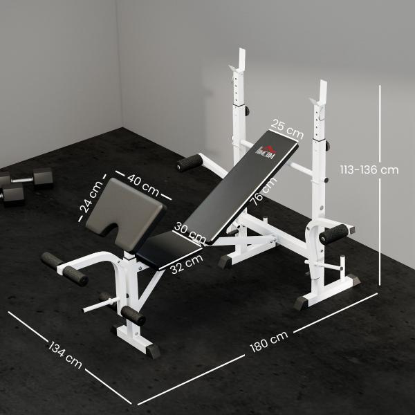 Banco de Musculação Multifuncional Inclinável com Suporte para Barra Ajustável Extensão de Pernas Curl de Predicador 180x134x113 - 136 cm Preto