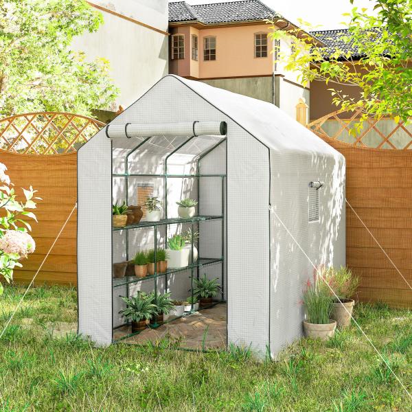 Estufa de Jardim de 3 Níveis com 12 Prateleiras Porta Enrolável Janelas Anti - UV Cobertura de PE 140x213x190 cm Branco