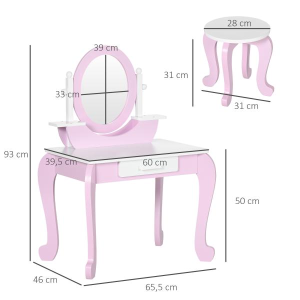 Toucador Infantil com Banco Espelho e Gaveta Mesa de Maquilhagem para Crianças entre 3 - 6 Anos 65,5x46x93cm Rosa