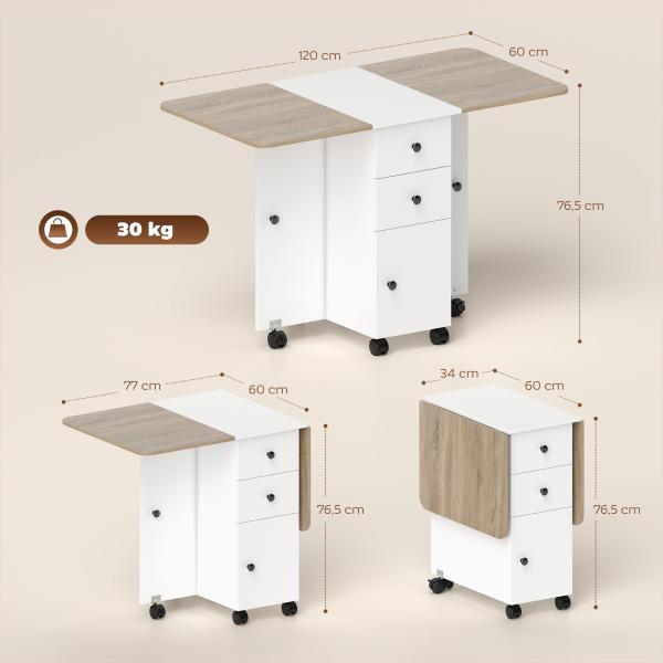 Mesa de Refeição com Rodas Mesa Abatível com 2 Gavetas e Armário Mesa Auxiliar Multifuncional 120x60x76,5 cm Branco