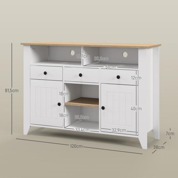 Aparador de Cozinha com 3 Gavetas 2 Armários 2 Prateleiras Abertas e 2 Prateleiras Ajustáveis Estilo Moderno 120x38x81,5 cm Branco