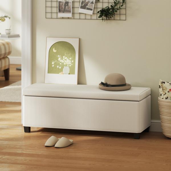Banco de Arrumação Capacidade de 84 L Estofado em Veludo Banco Pé de Cama para Dormitório 112x42x40 cm Bege