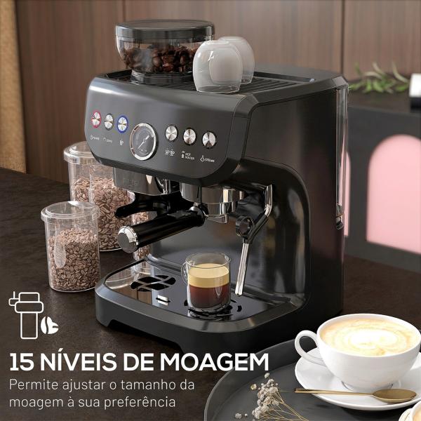 Máquina de Café Expresso 15 Bares 1600 W com Moinho de 15 Níveis e Vaporizador de Leite para Cappuccino e Latte Preta