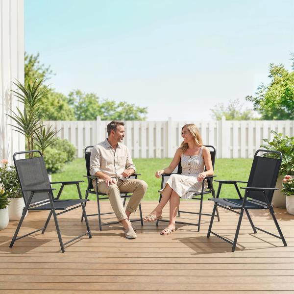 Conjunto de 4 Cadeiras de Jardim Dobráveis com Encosto Alto e Apoios de Braços Tecido Textilene Respirável Preto