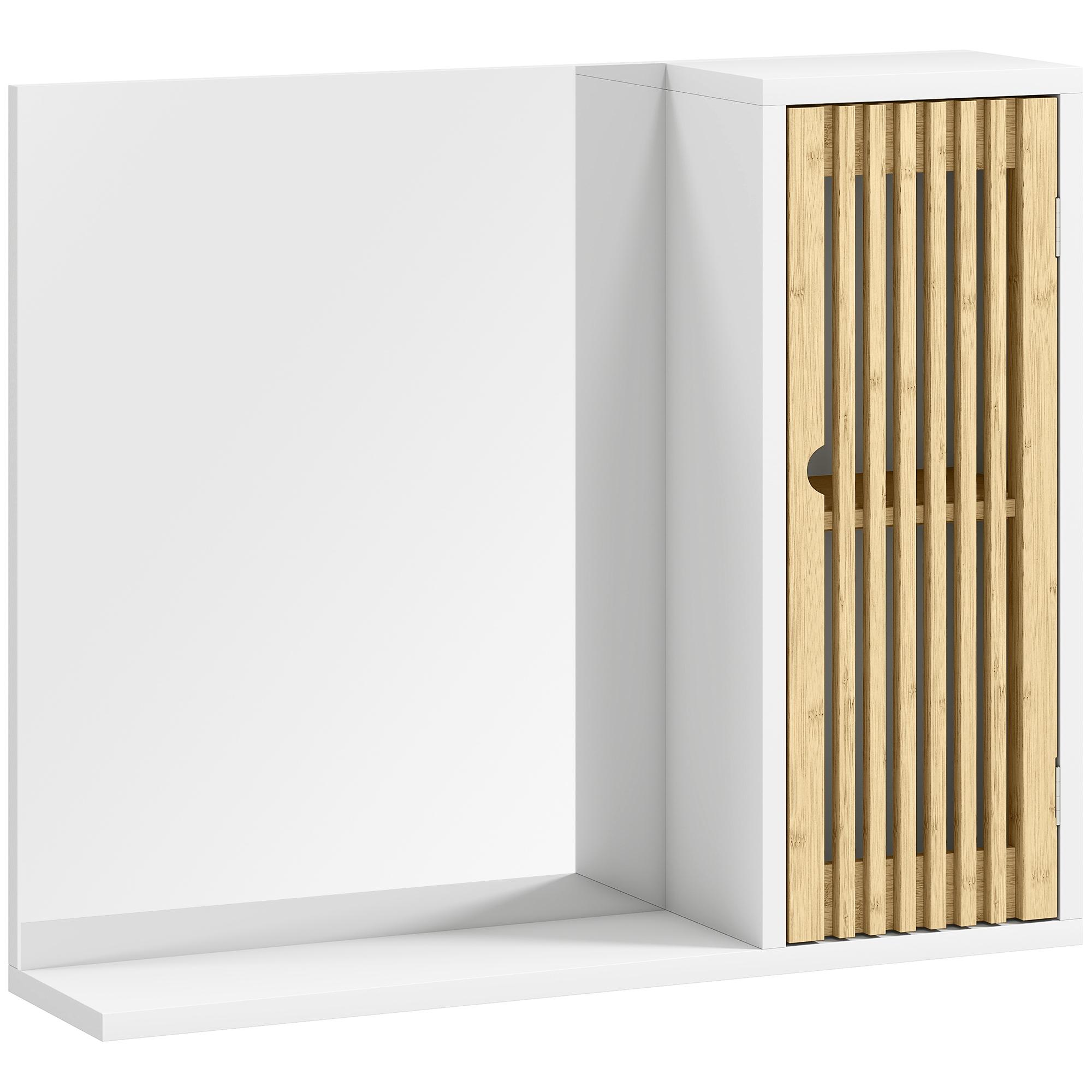 Espelho de Casa de Banho 60x50 cm Espelho de Parede com Porta de Ripas de Bambu Prateleiras de Arrumação Branco e Madeira