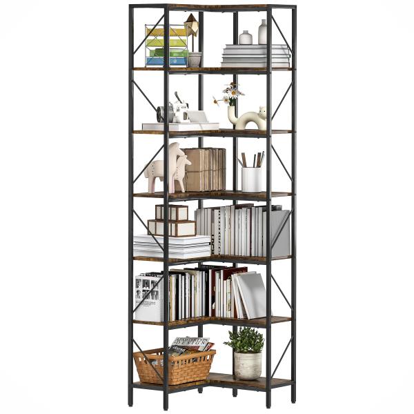 Estante de Canto com 7 Níveis, Estilo Industrial, para Quarto, Sala ou Escritório, 60x60x198 cm, Castanho Rústico