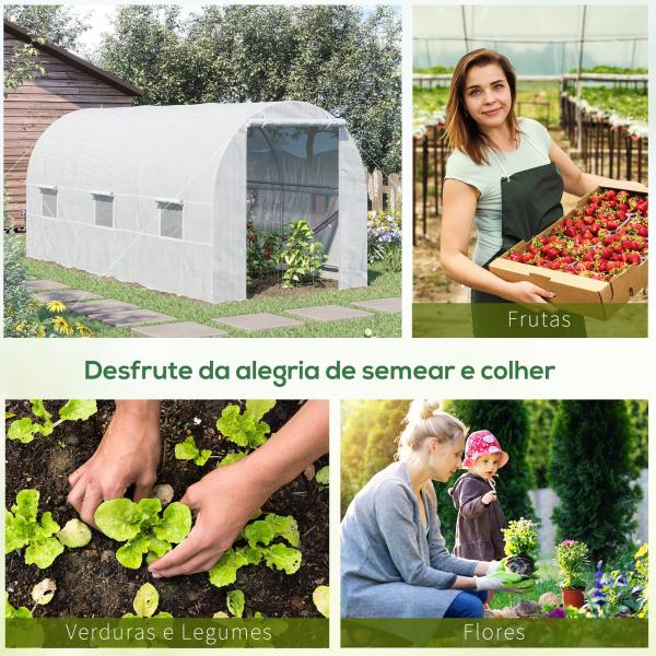 Estufa tipo Túnel 445x200x200 cm com Porta Enrolável e 6 Janelas Cobertura de PE 140 g/m² Anti - UV Branco