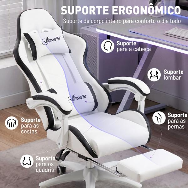Cadeira Gaming de Couro PU com Altura Ajustável Reclinável 135° e Apoio para os Pés Retrátil 65x65x121 - 129 cm Branco e Preto