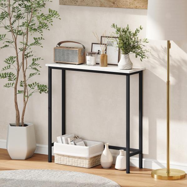 Mesa Consola Moderna Consola Estreita com Superfície com Efeito Mármore e Estrutura de Metal 75x24x76 cm Branco e Preto