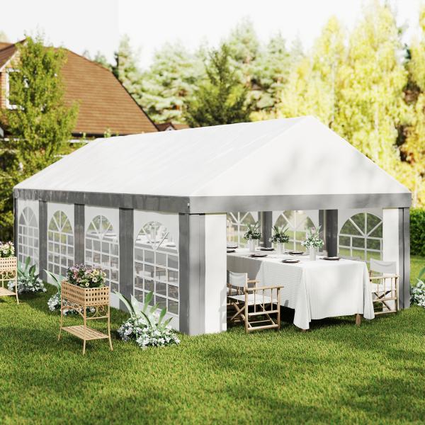 Tenda para Festa 4x8 m Tenda de Jardim com Paredes Removíveis Portas e Janelas Anti - UV para Casamento e Eventos Cinzento