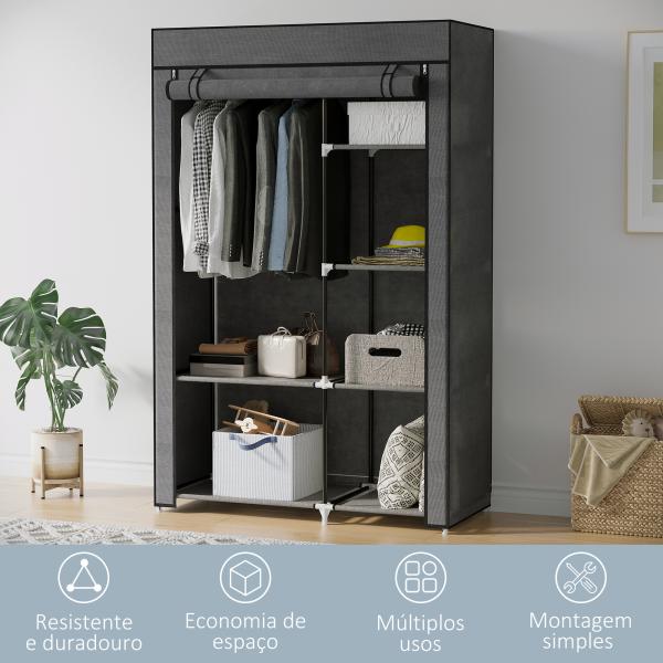 Roupeiro de Tecido Dobrável com 6 Prateleiras e 1 Barra de Pendurar para Dormitório Vestidor 103x43x162,5 cm Cinzento