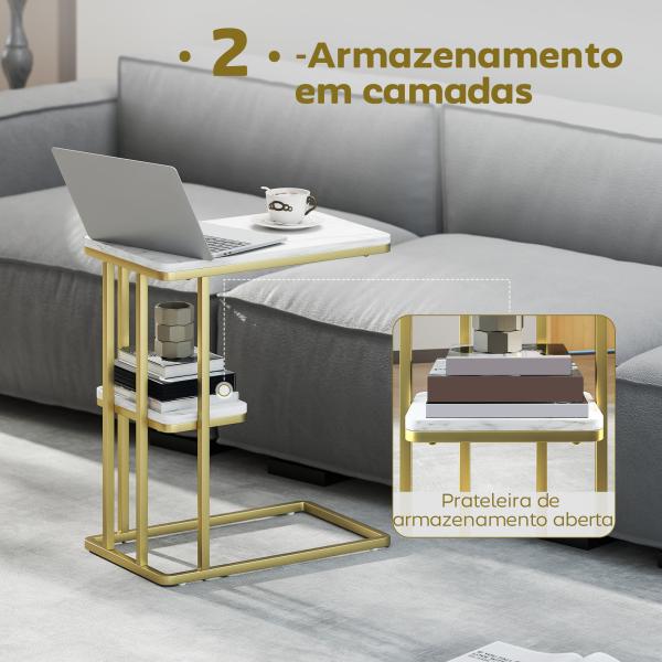 Mesa Auxiliar Estrutura em C Mesa Auxiliar Estreita de 2 Níveis com Prateleira 50x30x57,5 cm Branco Efeito Mármore