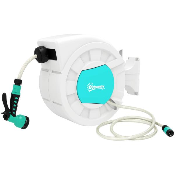 Carretel de Mangueira Retrátil de Parede de 25+2 m e Bloqueio de Retorno Automático Bocal com 7 Funções e Giro de 180° 55x20x42 cm Cinza Claro