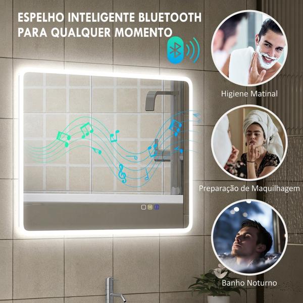 Espelho LED para Casa de Banho 90x70 cm com Bluetooth, 3 Tons de Luz, Antiembaciamento, Memória e IP44