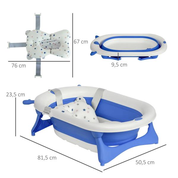 Banheira para Bebé Recém Nascido até 3 Anos Dobrável 30 Litros com Tampa Termossensível e Almofada Confortável Almofadas Antiderrapantes 81,5x50,5x23,5cm Azul e Branco
