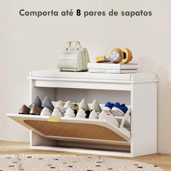 Banco para Sapatos Boho com Assento Acolchoado Porta de Rattan Gaveta Basculante Prateleira Ajustável 8 Pares 80x26x47,5 cm Branco