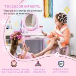 Toucador Infantil com Banco Espelho e Gaveta Mesa de Maquilhagem para Crianças entre 3 - 6 Anos 65,5x46x93cm Rosa