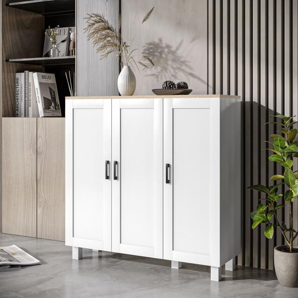 Aparador para Sala de Estar Móvel Buffet com 3 Portas e Prateleiras Ajustáveis 90x30x90 cm Branco e Madeira
