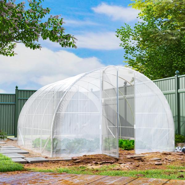 Estufa de Túnel 395x295x195 cm Estufa de Jardim com 2 Portas Estufa para Horticultura com Teto Arredondado Transparente