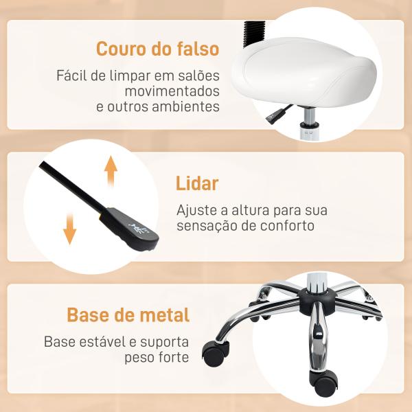Banco Giratório Rodas e Encosto Amovível Banco de Trabalho com Altura Regulável 83 - 98 cm Assento Estofado em Couro Sintético Branco