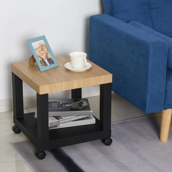 Mesa de Apoio para sofá mesa lateral com prateleira aberta Rodas 40x40x40 Preto e Madeira