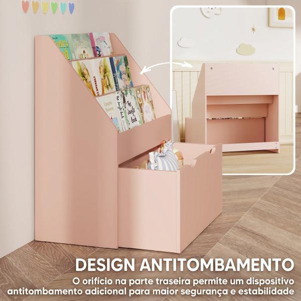 Estante para Livros Infantil de 4 Níveis com 3 Prateleiras e 1 Gaveta com Rodas 62,5x30x70 cm Rosa