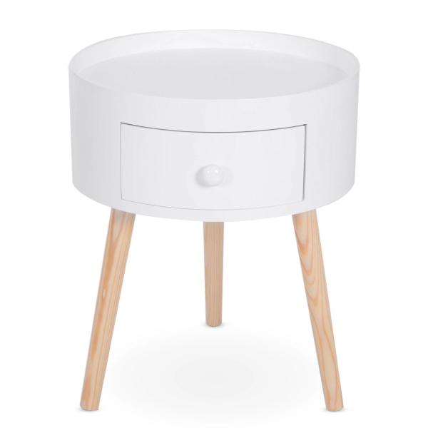 Mesa Apoio Redonda com 1 Gaveta Borda Elevada e 3 Pés de Madeira Estilo Moderno Ø38x45 cm Branco
