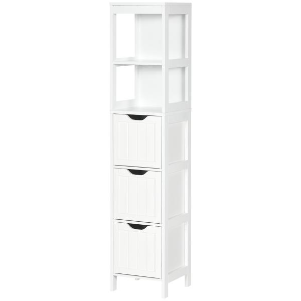 Armário Casa de Banho Estreito com 3 Gavetas e 2 Prateleiras Abertas Estilo Moderno 30x30x141,6 cm Branco