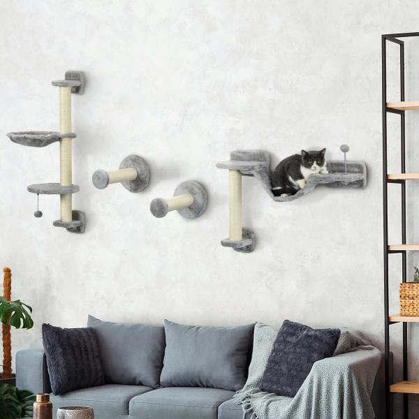 Prateleiras de Escalada para Gatos de Parede com Rede Plataformas Poste de Sisal e Escada 84,5x19x54 cm Cinza e Bege