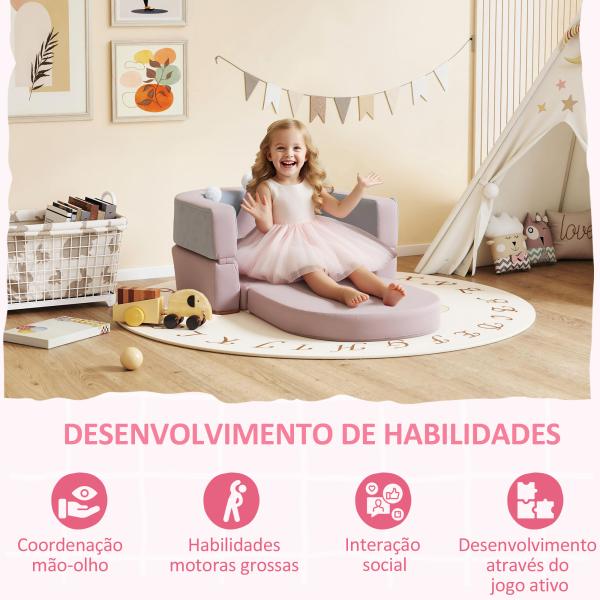 Sofá para Crianças com Almofada em Forma de Coroa Dobrável em Cama e Zona de Brincadeiras 116x61x14 cm Rosa e Azul Acinzentado