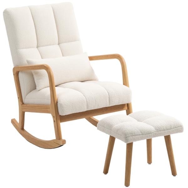 Poltrona de Baloiço com Apoio para os Pés Estofado em Bouclé com Almofada Acolchoada Encosto Ergonómico Apoios de Braços e Pés de Madeira 64,5x82x89 cm Branco