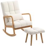 Poltrona de Baloiço com Apoio para os Pés Estofado em Bouclé com Almofada Acolchoada Encosto Ergonómico Apoios de Braços e Pés de Madeira 64,5x82x89 cm Branco