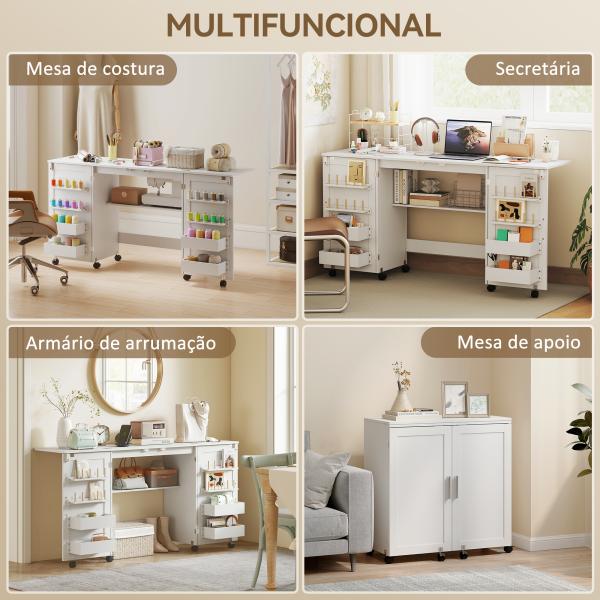 Mesa de Costura Dobrável com 6 Rodas Móvel para Máquina de Costura com 20 Pinos para Fios 4 Compartimentos 160x40x81,5 cm Branco