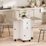 Mesa de Refeição com Rodas Mesa Abatível com 2 Gavetas e Armário Mesa Auxiliar Multifuncional 120x60x76,5 cm Branco