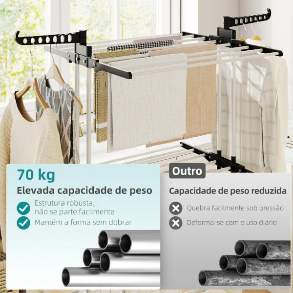 Estendal Dobrável para Roupa com Rodas Estendal Vertical de Aço com 3 Níveis Laterais Dobráveis 73x64x177cm Preto e Branco