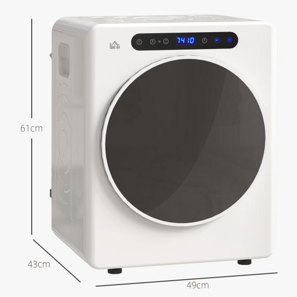 Máquina de Secar 3 KG 1000W Função Antirrugas Função Esterilizar Temporizador Ecrã LED Tátil Tambor Aço Inoxidável 49x43x61 cm Branco