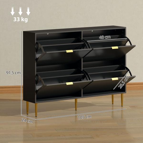 Sapateira Estreita com 4 Portas Caneladas e Estantes Ajustáveis para 20 Pares 105x24x91,5 cm Preto