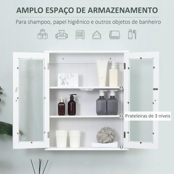 Armário Casa de Banho de Parede com 2 Portas de Cristal Armário Suspenso com Prateleiras Ajustáveis em Altura Multiuso para Cozinhas Sala de Estar 55x20x65cm Branco