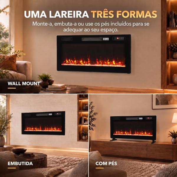 Lareira Elétrica Ultrafina 900/1800W Encastrável/De Parede/De Pé, 12 Cores de Chama 3D, Controlo Remoto, até 35 m², Preta