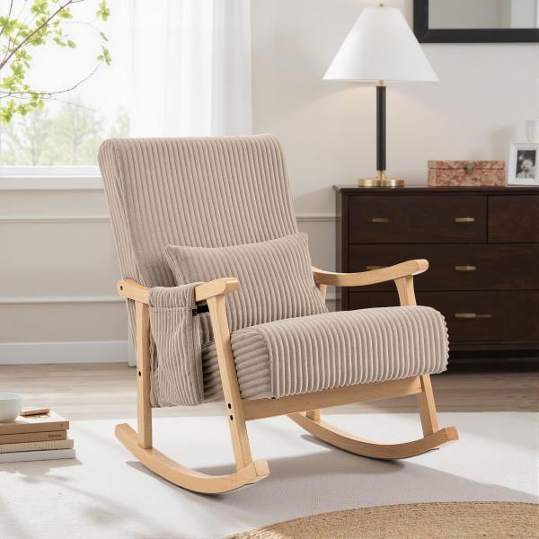 Poltrona Baloiço Moderna em Veludo Cotelê com Apoio para os Braços Almofada Lombar e Bolso Poltrona de Amamentação 65x90x98 cm Castanho Claro