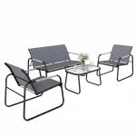 Conjunto de Jardim Exterior com 1 Sofá de 2 Lugares 2 Poltronas e Mesa com Tampo de Vidro Temperado Textilene Respirável Cinzento
