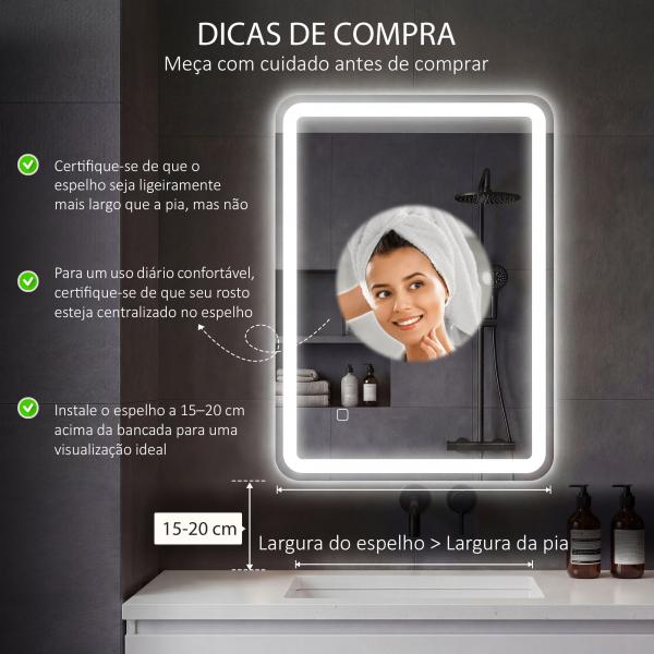 Espelho Casa de Banho com Luzes LED 70x90 cm Função Antiembaciamento 3 Temperaturas de Cor Ajustável e Função de Memória Prata