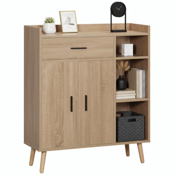Aparador Moderno com 2 Portas 1 Gaveta e 3 Prateleiras Abertas Aparador Auxiliar de Armazenamento 80x30x96,5cm Madeira